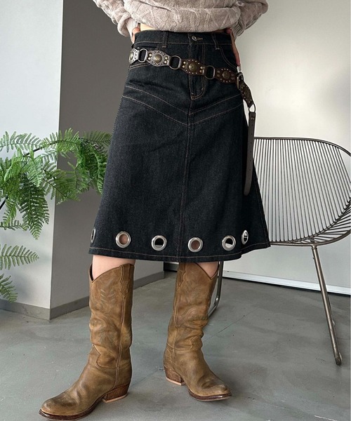 sedacle girl（セダクルガール）の「アイレットデニムミディスカート（デニムスカート・レディース・ブラック/インディゴブルー・MEDIUM/SMALL）」の11枚目の写真
