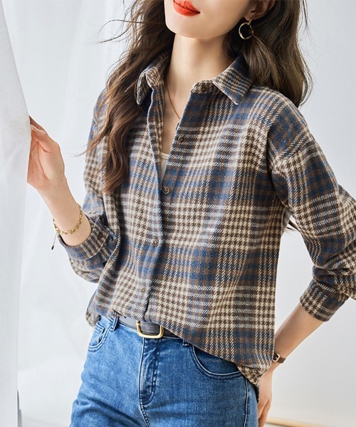 ONEP STAR(ワンピスター)の「レギュラーカラーチェック柄シャツ(シャツ/ブラウス・レディース・ブラウン/ブルー・MEDIUM/X-LARGE/LARGE)」の6枚目の写真
