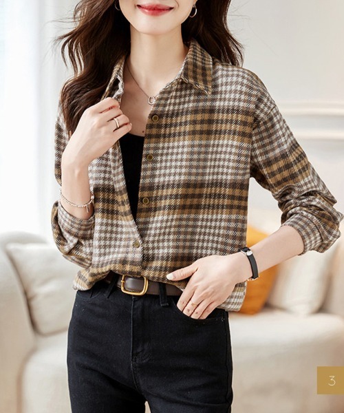 ONEP STAR(ワンピスター)の「レギュラーカラーチェック柄シャツ(シャツ/ブラウス・レディース・ブラウン/ブルー・MEDIUM/X-LARGE/LARGE)」の9枚目の写真
