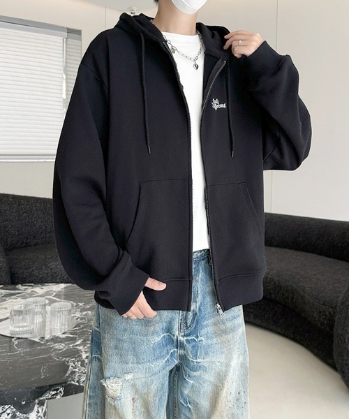 FVLMEN(フルメン)の「【FVLMEN】onepoint logo embroidery short W zip parka/ワンポイント ロゴ 刺繍 短丈 ダブル ジップ パーカー(パーカー・メンズ・グレー/ブラック/ネイビー・MEDIUM/LARGE)」の12枚目の写真