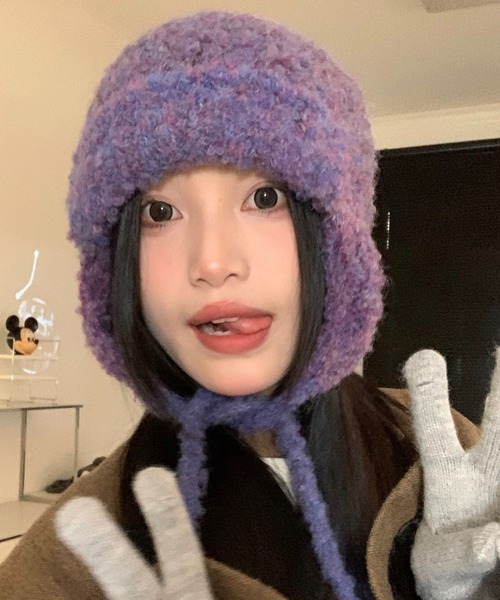 Burner(バーナー)の「【OKUOKU 0909】耳あて付き ニット帽 oku-bosi-4-19(ニットキャップ/ビーニー・レディース・ダークブラック/ブラウン系その他/パープル系その他/ライトグレー・FREE)」の4枚目の写真