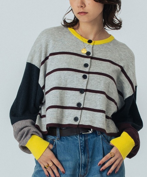 ROSE BUD(ローズバッド)の「(CREOLME)MULTI STRIPE KNIT CARDIGAN(カーディガン/ボレロ・レディース・ブラック/グレー・ONE SIZE)」の1枚目の写真