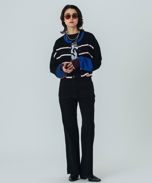 ROSE BUD(ローズバッド)の「(CREOLME)MULTI STRIPE KNIT CARDIGAN(カーディガン/ボレロ・レディース・ブラック/グレー・ONE SIZE)」の7枚目の写真