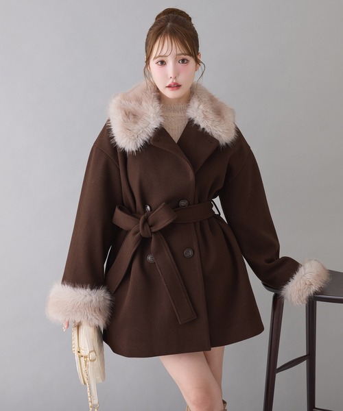 S/Mサイズ展開】フェイクファーミドルコート（ステンカラーコート