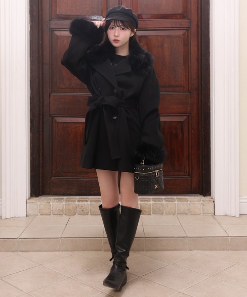 S/Mサイズ展開】フェイクファーミドルコート（ステンカラーコート