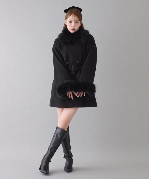 新品タグ有✩本物✩ブラックグラマ✩ファーコート✩後にスリット入り✩軽いですよ S/Mサイズ展開】フェイクファーミドルコート（ステンカラーコート