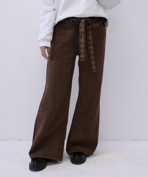 cunii 】ウエスト フリル リボン ワイド パンツ レディース チェック