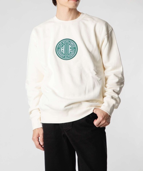 HUF(ハフ)の「HUF TRANSIT AUTHORITY CREWNECK ハフ トランジット オーソリティ アップリケ スウェット(スウェット・メンズ・ライトブルー/ブラック・LARGE/X-LARGE/SMALL/MEDIUM)」の1枚目の写真