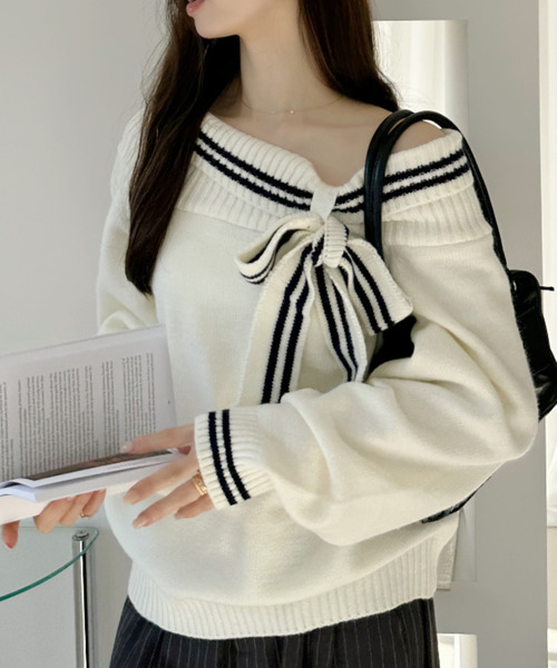 Ada.(エイダ)の「リボン付き オフショル ニット トップス(ニット/セーター・レディース・オフホワイト/グレー/ネイビー・FREE)」の4枚目の写真