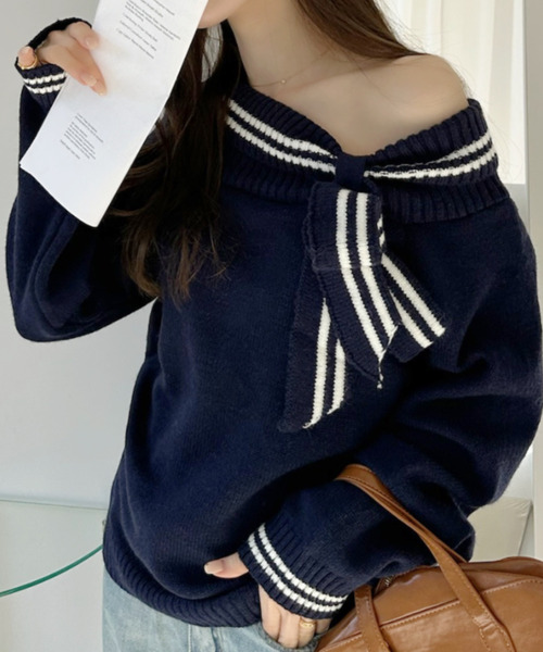 Ada.(エイダ)の「リボン付き オフショル ニット トップス(ニット/セーター・レディース・オフホワイト/グレー/ネイビー・FREE)」の8枚目の写真