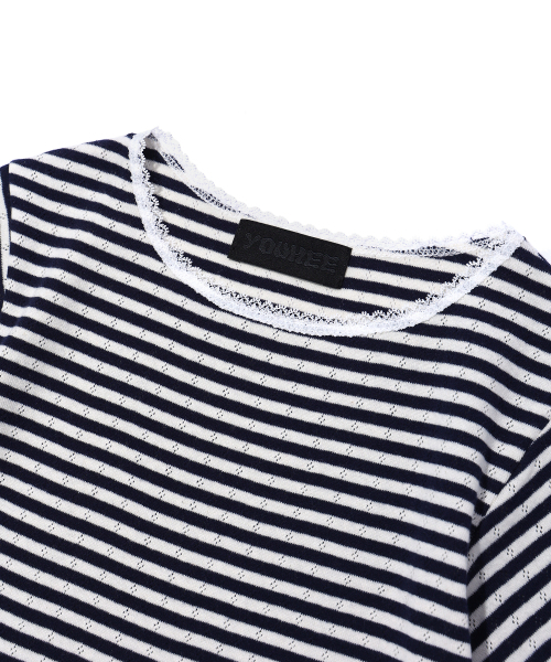 YOUHEE（ユヒ）の「LACE STRIPE T-SHIRTS NAVY（Tシャツ/カットソー・レディース・その他・FREE）」の4枚目の写真