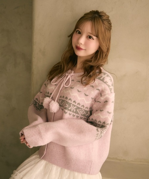 セール】ノルディック柄ボンボン付きニットカーディガン（カーディガン