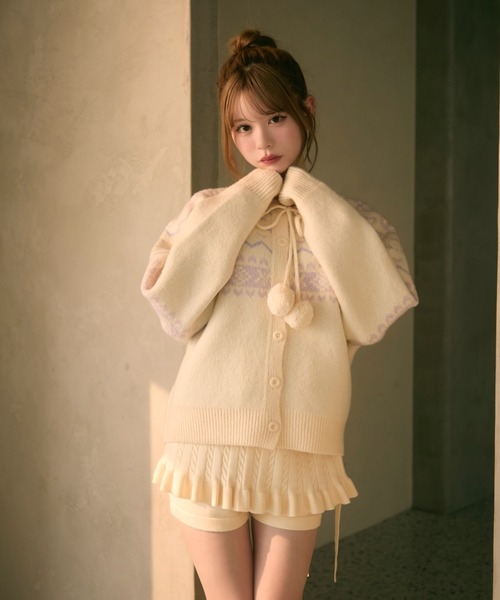 ノルディック柄ボンボン付きニットカーディガン（カーディガン/ボレロ