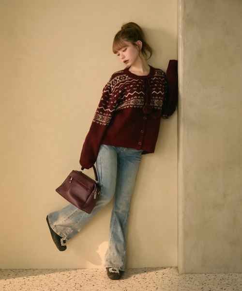 ノルディック柄ボンボン付きニットカーディガン（カーディガン/ボレロ