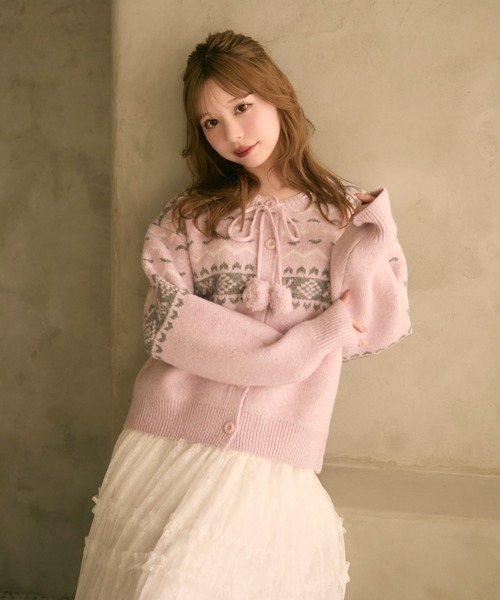 セール】ノルディック柄ボンボン付きニットカーディガン（カーディガン