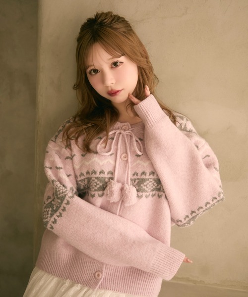 ノルディック柄ボンボン付きニットカーディガン（カーディガン/ボレロ