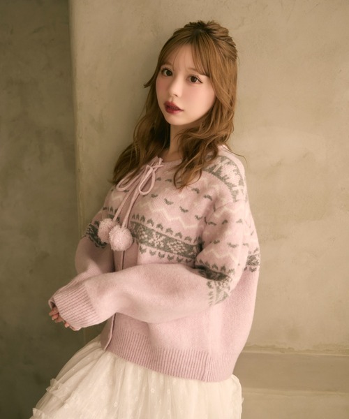 セール】ノルディック柄ボンボン付きニットカーディガン（カーディガン