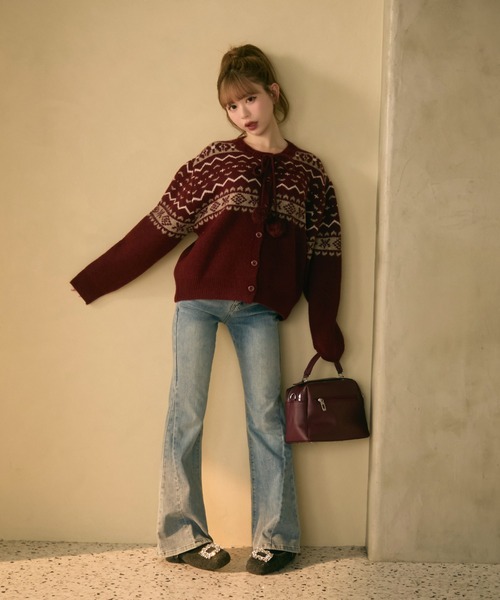 ノルディック柄ボンボン付きニットカーディガン（カーディガン/ボレロ