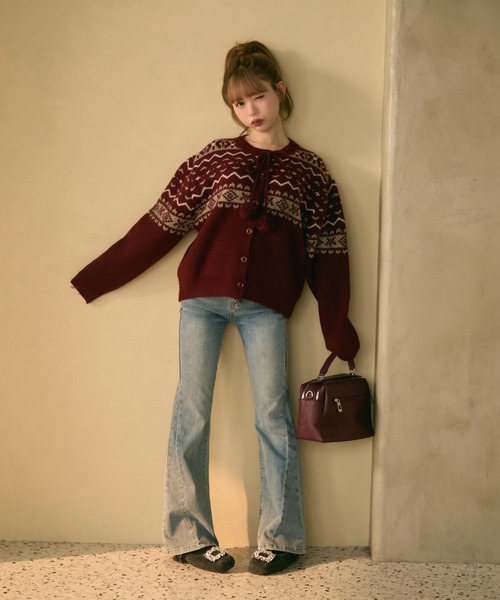 ノルディック柄ボンボン付きニットカーディガン（カーディガン/ボレロ