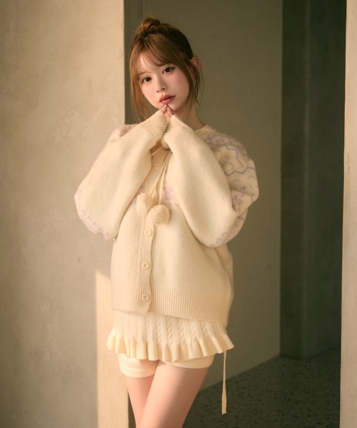 セール】ノルディック柄ボンボン付きニットカーディガン（カーディガン