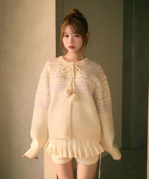 TITTY&CO.（ティティーアンドコー）の「ノルディック柄ボンボン付きニットカーディガン（カーディガン/ボレロ・レディース・ボルドー/ピンク/アイボリー/グレー・FREE）」の6枚目の写真