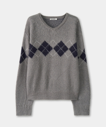 EXCONTAINER（エックスコンテナ）の「ヘアリーアーガイルVネックニット（グレー）（ニット/セーター）」