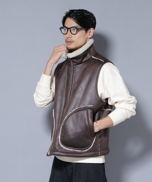 NANO universe（ナノユニバース）の「クラックフェイクムートンリバーシブルベスト（ベスト・メンズ・ブラック/ブラウン・M/L）」の4枚目の写真