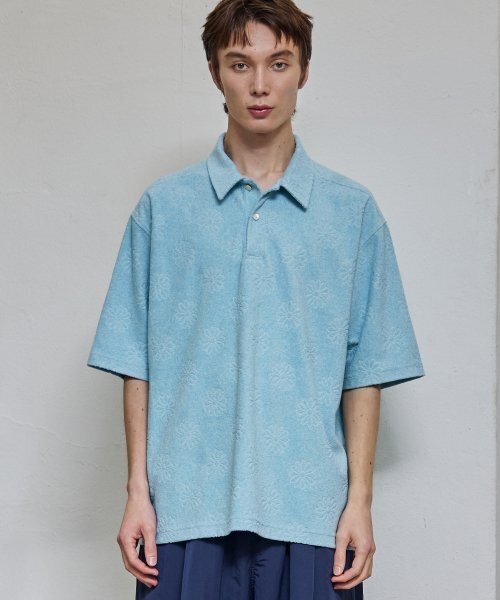 FLOWER TERRY COLLAR T-SHIRT (CYAN BLUE)