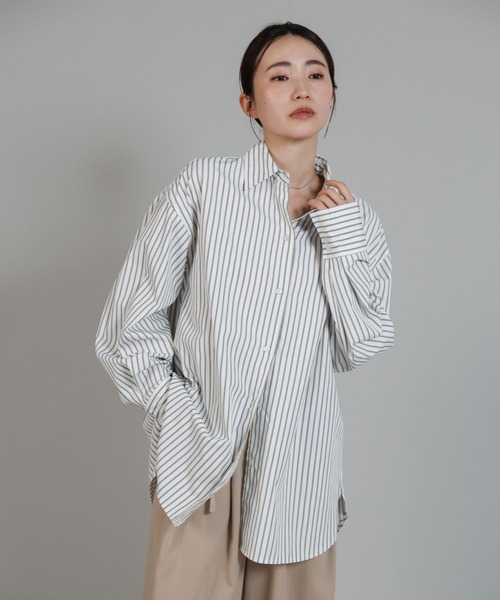 select MOCA Et（セレクトモカエト）の「【Et】2Way Striped Oversized Blouse（シャツ/ブラウス・レディース・ブルー/ベージュ・FREE）」の5枚目の写真
