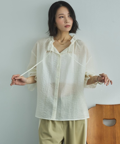 Doux archives(ドゥアルシーヴ)の「シアーストライプスタンドフリルブラウス(シャツ/ブラウス・レディース・オフホワイト/ピンク/サックスブルー・FREE)」の12枚目の写真