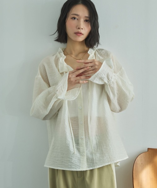 Doux archives(ドゥアルシーヴ)の「シアーストライプスタンドフリルブラウス(シャツ/ブラウス・レディース・オフホワイト/ピンク/サックスブルー・FREE)」の15枚目の写真