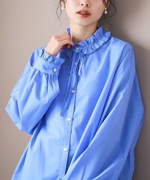 coen(コーエン)の「【イージーケア】フリルネックシャツ(シャツ/ブラウス・レディース・その他1/オフホワイト/ライトブルー/その他3・L/M)」の2枚目の写真