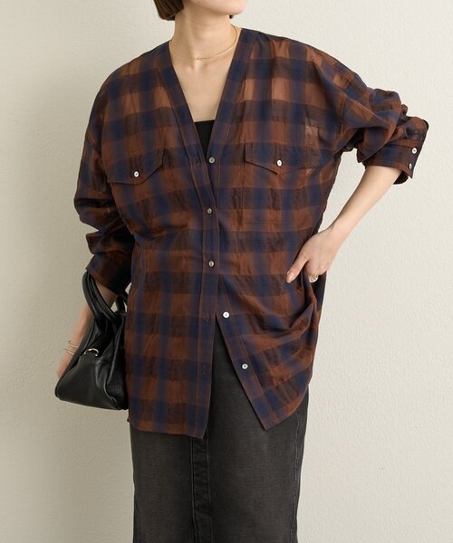 Omekashi（オメカシ）の「シアーチェックカラーレスブラウス（シャツ/ブラウス・レディース・ブラウン/ベージュ・FREE）」の2枚目の写真