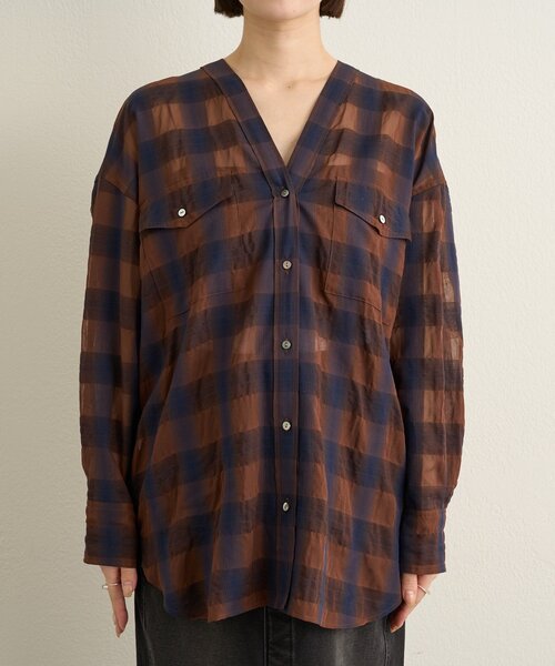 Omekashi（オメカシ）の「シアーチェックカラーレスブラウス（シャツ/ブラウス・レディース・ブラウン/ベージュ・FREE）」の16枚目の写真