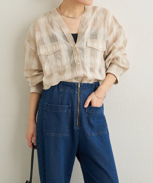 Omekashi（オメカシ）の「シアーチェックカラーレスブラウス（シャツ/ブラウス・レディース・ブラウン/ベージュ・FREE）」の7枚目の写真