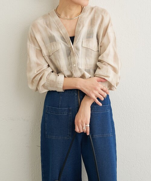 Omekashi（オメカシ）の「シアーチェックカラーレスブラウス（シャツ/ブラウス・レディース・ブラウン/ベージュ・FREE）」の6枚目の写真