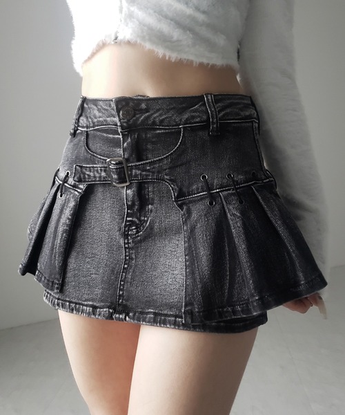 me+em select(ミームセレクト)の「【 インパン裏地付 】ベルテッドマイクロプリーツデニムミニスカパン / belted micro pleats denim skirt pants(デニムスカート・レディース・ブラック/ブルー・LARGE/MEDIUM/SMALL)」の8枚目の写真