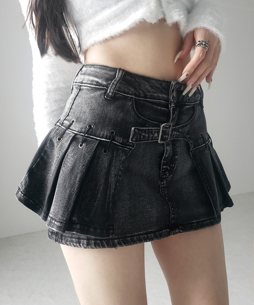 me+em select(ミームセレクト)の「【 インパン裏地付 】ベルテッドマイクロプリーツデニムミニスカパン / belted micro pleats denim skirt pants(デニムスカート・レディース・ブラック/ブルー・LARGE/MEDIUM/SMALL)」の10枚目の写真