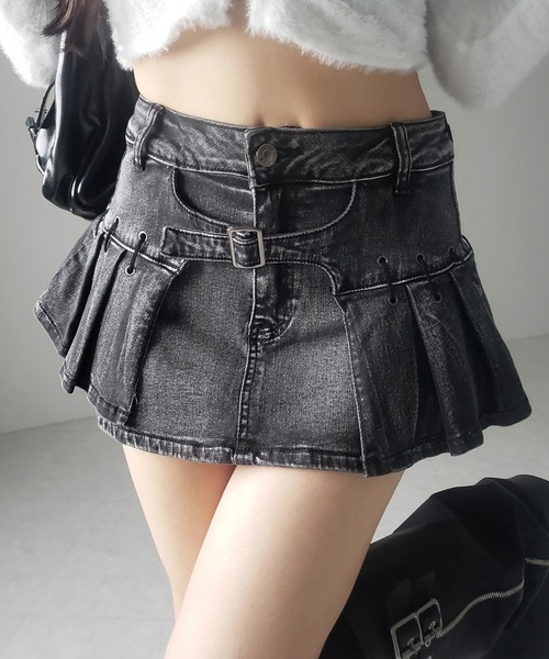 me+em select(ミームセレクト)の「【 インパン裏地付 】ベルテッドマイクロプリーツデニムミニスカパン / belted micro pleats denim skirt pants(デニムスカート・レディース・ブラック/ブルー・LARGE/MEDIUM/SMALL)」の12枚目の写真