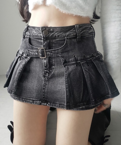me+em select(ミームセレクト)の「【 インパン裏地付 】ベルテッドマイクロプリーツデニムミニスカパン / belted micro pleats denim skirt pants(デニムスカート・レディース・ブラック/ブルー・LARGE/MEDIUM/SMALL)」の16枚目の写真