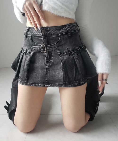 me+em select(ミームセレクト)の「【 インパン裏地付 】ベルテッドマイクロプリーツデニムミニスカパン / belted micro pleats denim skirt pants(デニムスカート・レディース・ブラック/ブルー・LARGE/MEDIUM/SMALL)」の17枚目の写真
