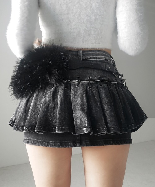 me+em select(ミームセレクト)の「【 インパン裏地付 】ベルテッドマイクロプリーツデニムミニスカパン / belted micro pleats denim skirt pants(デニムスカート・レディース・ブラック/ブルー・LARGE/MEDIUM/SMALL)」の22枚目の写真