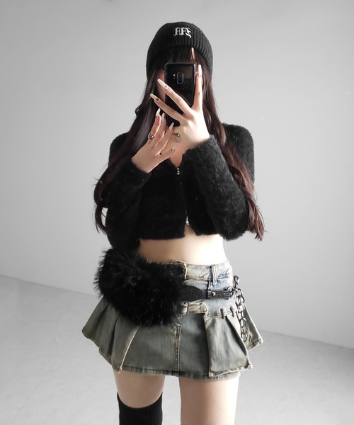 me+em select(ミームセレクト)の「【 インパン裏地付 】ベルテッドマイクロプリーツデニムミニスカパン / belted micro pleats denim skirt pants(デニムスカート・レディース・ブラック/ブルー・LARGE/MEDIUM/SMALL)」の3枚目の写真