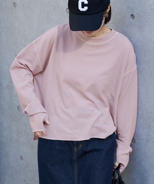 MONO-MART(モノマート)の「シアーワッフル|配色ステッチ サムホールロンT(UVカット・洗える)(Tシャツ/カットソー・レディース・ネイビー/ピンク/ブラウン/グレー/アイボリー/ブラック・FREE)」の21枚目の写真