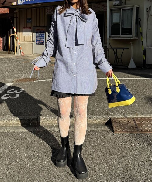 CIAOPANIC（チャオパニック）の「袖シャーリングボウタイ付ストライプシャツ（シャツ/ブラウス・レディース・ピンク/サックスブルー/イエロー・ONE SIZE）」の19枚目の写真