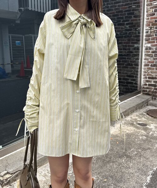 CIAOPANIC（チャオパニック）の「袖シャーリングボウタイ付ストライプシャツ（シャツ/ブラウス・レディース・ピンク/サックスブルー/イエロー・ONE SIZE）」の14枚目の写真