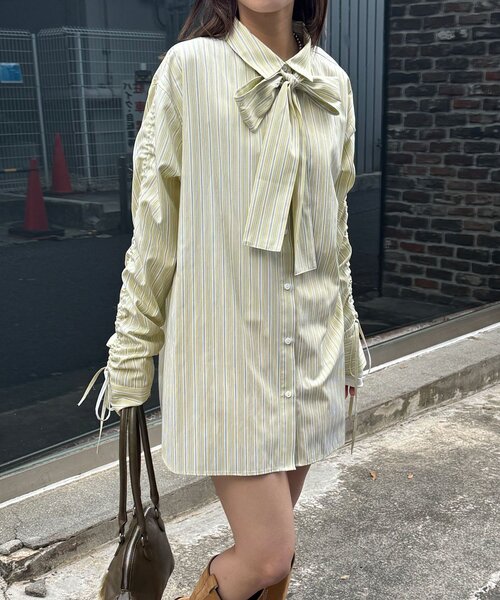 CIAOPANIC（チャオパニック）の「袖シャーリングボウタイ付ストライプシャツ（シャツ/ブラウス・レディース・ピンク/サックスブルー/イエロー・ONE SIZE）」の13枚目の写真