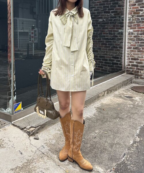 CIAOPANIC（チャオパニック）の「袖シャーリングボウタイ付ストライプシャツ（シャツ/ブラウス・レディース・ピンク/サックスブルー/イエロー・ONE SIZE）」の10枚目の写真