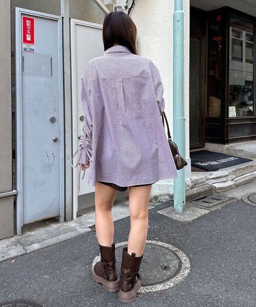 CIAOPANIC（チャオパニック）の「袖シャーリングボウタイ付ストライプシャツ（シャツ/ブラウス・レディース・ピンク/サックスブルー/イエロー・ONE SIZE）」の4枚目の写真