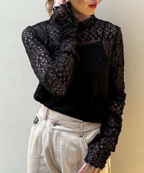 DOUBLE NAME（ダブルネーム）の「レースギャザーメローインナー（Tシャツ/カットソー・レディース・ブラック/ブルー/オフホワイト・FREE）」の7枚目の写真